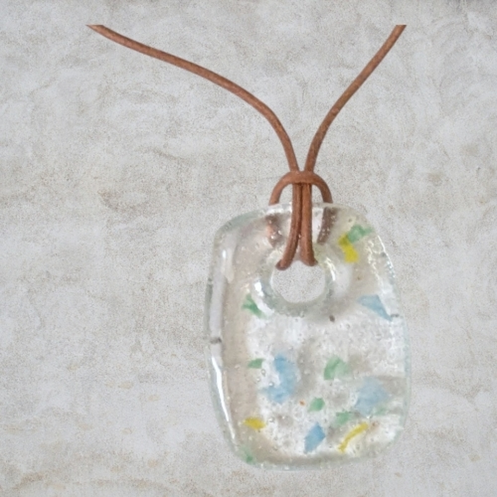 Handmade clear confetti glass with blue yellow green. Art Glass one-of-a-kind